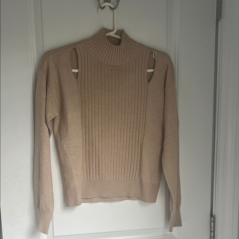 Tan Ribbed Cowl Neck Sweater with Textured Design